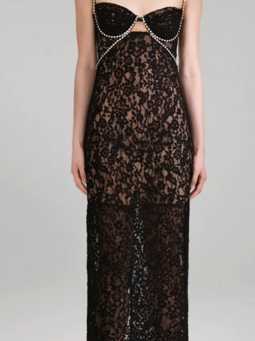 Self-Portrait Black Lace Maxi Dress with Pearl-Chain Detais